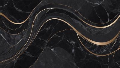 The primary subject of the image is a marble countertop with a gold design. The setting is a kitchen, and the visual style is a close-up of the countertop. The colors and mood of the image are predominantly black and gold, giving it a luxurious and elegant appearance.