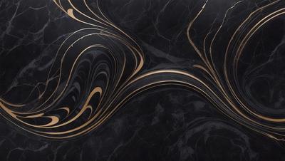 The primary subject of the image is a marble countertop with a unique and intricate design. The setting is a kitchen, and the visual style is a combination of photo and digital art. The countertop features a pattern of swirls and curves, giving it a modern and elegant appearance. The colors in the image are predominantly black and gold, creating a sophisticated and luxurious atmosphere.