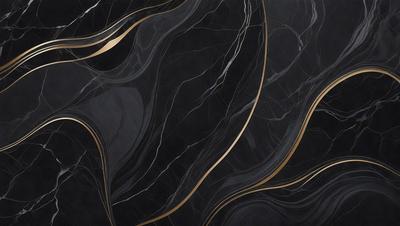 The primary subject of the image is a black and gold marble pattern. The setting is a black background, and the visual style appears to be a combination of a photo and digital art. The dominant colors are black and gold, creating a luxurious and elegant atmosphere.