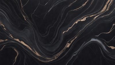 The primary subject of the image is a black marble countertop with a gold-colored pattern. The setting is a kitchen, and the visual style is a close-up of the marble countertop. The colors and mood of the image are predominantly black and gold, creating a luxurious and elegant atmosphere.