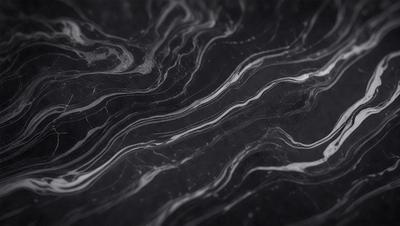 The primary subject of the image is a marble countertop with a black background. The countertop features a pattern of swirls and waves, giving it a unique and elegant appearance. The visual style of the image is a close-up of the marble countertop, showcasing its intricate design. The colors and mood of the image are predominantly black and white, creating a sophisticated and timeless atmosphere.