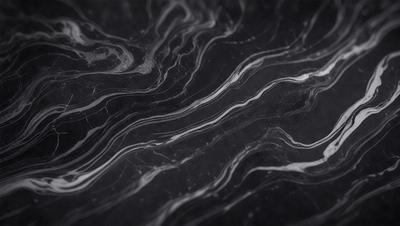 The primary subject of the image is a marble countertop with a black background. The countertop features a pattern of swirls and waves, giving it a unique and elegant appearance. The visual style of the image is a close-up of the marble countertop, showcasing its intricate design. The colors and mood of the image are predominantly black and white, creating a sophisticated and timeless atmosphere.