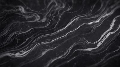 The primary subject of the image is a marble countertop with a black background. The countertop features a pattern of swirls and waves, giving it a unique and elegant appearance. The visual style of the image is a close-up of the marble countertop, showcasing its intricate details. The colors and mood of the image are predominantly black and white, creating a sophisticated and timeless atmosphere.