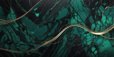 The primary subject of the image is a marble countertop with a green and gold pattern. The setting is a kitchen, and the visual style is a close-up of the countertop. The colors and mood of the image are predominantly green and gold, creating a warm and inviting atmosphere.