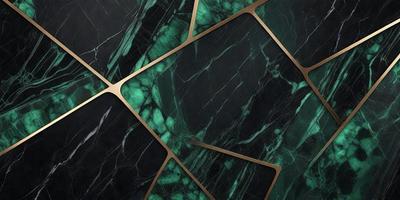 The primary subject of the image is a green marble wall with gold accents. The setting is a room with a black and green marble wall, which adds a unique and luxurious touch to the space. The visual style is a combination of digital art and illustration, creating a striking and modern appearance. The dominant colors are green and gold, giving the room a sophisticated and elegant atmosphere.