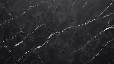 The primary subject of the image is a black marble wall with a pattern of white veins. The setting is a room with a black marble floor. The visual style is a close-up of the marble wall, showcasing its unique texture and pattern. The colors and mood of the image are predominantly black and white, giving it a sophisticated and elegant appearance.