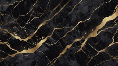 The primary subject of the image is a marble surface with gold streaks. The setting is a black background, and the visual style is a combination of photo and digital art. The colors and mood of the image are predominantly black and gold, creating a luxurious and elegant atmosphere.