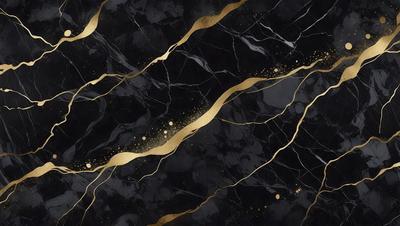 The primary subject of the image is a marble countertop with gold streaks. The setting is a kitchen, and the visual style is a combination of photo and digital art. The countertop has a black and gold color scheme, creating a luxurious and elegant atmosphere.
