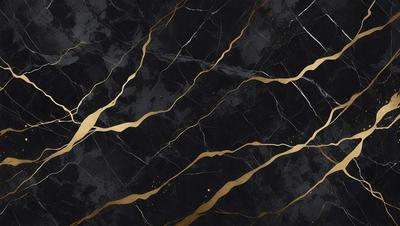 The primary subject of the image is a marble countertop with a gold-colored pattern. The setting is a kitchen, and the visual style is a close-up of the marble countertop. The colors and mood of the image are predominantly black and gold, giving it a luxurious and elegant appearance.