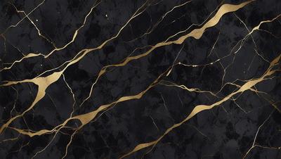 The primary subject of the image is a marble countertop with gold accents. The setting is a kitchen, and the visual style is a close-up of the marble countertop. The dominant colors are black and gold, creating a luxurious and elegant atmosphere.
