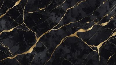 The primary subject of the image is a marble surface with gold accents. The setting is a black background, which contrasts with the gold and marble. The visual style is a combination of photo and digital art, creating a unique and eye-catching design. The colors and mood of the image are predominantly black and gold, giving it a luxurious and elegant appearance.