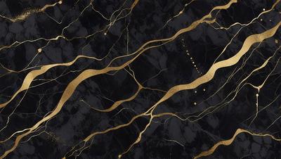 The primary subject of the image is a marble countertop with gold accents. The setting is a kitchen, and the visual style is a combination of photo and digital art. The countertop features a gold and black pattern, giving it a luxurious and elegant appearance. The overall atmosphere is sophisticated and stylish.
