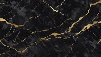 The primary subject of the image is a marble countertop with gold accents. The setting is a kitchen, and the visual style is a close-up of the marble countertop. The dominant colors are black and gold, creating a luxurious and elegant atmosphere.