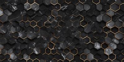 The primary subject of the image is a black and gold marble pattern. The setting is a black and gold marble wall, which serves as the background. The visual style is a close-up of the marble pattern, showcasing the intricate details of the design. The colors and mood of the image are predominantly black and gold, giving it a luxurious and elegant appearance.