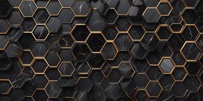 The primary subject of the image is a patterned wall made of black and gold marble. The setting is a room with a black and gold marble wall as the main focus. The visual style is a close-up of the marble wall, showcasing its intricate pattern. The colors and mood of the image are predominantly black and gold, giving it a luxurious and elegant appearance.