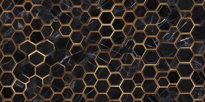 The primary subject of the image is a close-up of a marble tile pattern. The setting is a black and gold marble tile, which serves as the background. The visual style is a close-up of the tile pattern, showcasing the intricate details of the marble. The colors and mood of the image are predominantly black and gold, giving it a luxurious and elegant appearance.