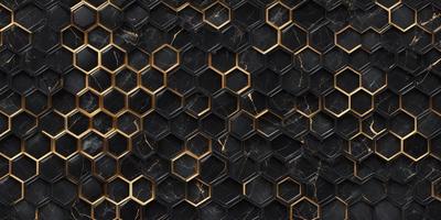 The primary subject of the image is a patterned surface, which appears to be a marble or stone tile. The setting is a close-up of the pattern, showcasing the intricate design and texture of the material. The visual style is a detailed, up-close representation of the pattern, which gives the image a realistic and textured appearance. The colors and mood of the image are predominantly black and gold, creating a sense of sophistication and elegance.