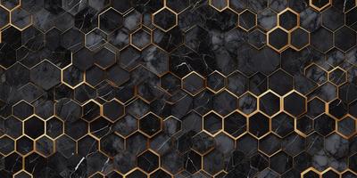 The primary subject of the image is a black and gold marble pattern. The setting is a black and gold marble wall, which serves as the background. The visual style is a close-up of the marble pattern, showcasing the intricate details of the design. The colors and mood of the image are predominantly black and gold, giving it a luxurious and elegant appearance.