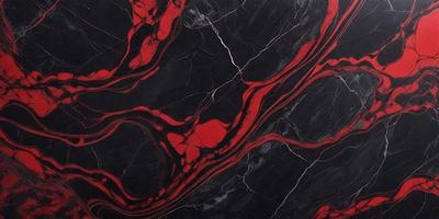 The primary subject of the image is a marble countertop with a red and black pattern. The setting is a kitchen, and the visual style is a close-up of the marble countertop. The dominant colors are red and black, creating a bold and striking appearance.