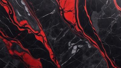 The primary subject of the image is a marble countertop with a red and black striped pattern. The setting is a kitchen, and the visual style is a close-up of the countertop. The dominant colors are red and black, creating a bold and striking appearance.