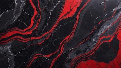 The primary subject of the image is a marble countertop with a red and black striped pattern. The setting is a kitchen, and the visual style is a close-up of the countertop. The dominant colors are red and black, creating a bold and striking appearance.