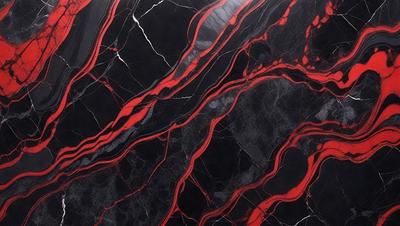 The primary subject of the image is a marble countertop with a red and black striped pattern. The setting is a kitchen, and the visual style is a close-up of the marble countertop. The dominant colors are red and black, creating a bold and striking appearance.
