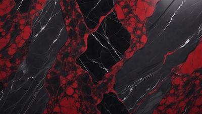 The primary subject of the image is a marble countertop with a red and black pattern. The setting is a kitchen, and the visual style is a close-up of the countertop. The dominant colors are red and black, creating a bold and striking appearance.