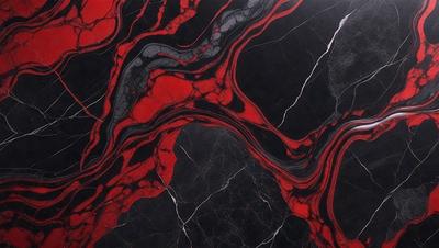 The primary subject of the image is a marble countertop with a red and black striped pattern. The setting is a kitchen, and the visual style is a close-up of the countertop. The dominant colors are red and black, creating a bold and striking appearance.