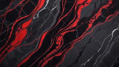 The primary subject of the image is a marble countertop with a red and black striped pattern. The setting is a kitchen, and the visual style is a close-up of the countertop. The dominant colors are red and black, creating a bold and striking appearance.