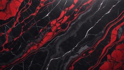 The primary subject of the image is a marble countertop with a red and black striped pattern. The setting is a kitchen, and the visual style is a close-up of the countertop. The dominant colors are red and black, creating a bold and striking appearance.