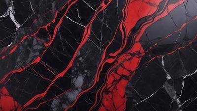 The primary subject of the image is a marble countertop with a red stripe. The setting is a kitchen, and the visual style is a close-up of the marble countertop. The dominant colors are red and black, creating a bold and striking appearance.