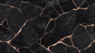The primary subject of the image is a black and gold marble pattern. The setting is a black background, and the visual style is a close-up of the marble pattern. The colors and mood of the image are predominantly black and gold, creating a sophisticated and elegant atmosphere.