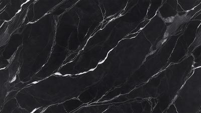 The primary subject of the image is a marble countertop with a black and white pattern. The setting is a kitchen, and the visual style is a close-up of the marble countertop. The colors and mood of the image are predominantly black and white, giving it a classic and elegant appearance.