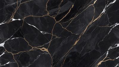 The primary subject of the image is a marble countertop with a gold and black pattern. The setting is a kitchen, and the visual style is a close-up of the countertop. The dominant colors are gold and black, creating a luxurious and elegant atmosphere.