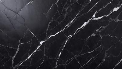The primary subject of the image is a marble countertop with a black and white pattern. The setting is a kitchen, and the visual style is a close-up of the countertop. The dominant colors are black and white, creating a sleek and modern atmosphere.