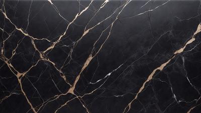 The primary subject of the image is a marble countertop with a black and gold pattern. The setting is a kitchen, and the visual style is a close-up of the countertop. The colors and mood of the image are predominantly black and gold, giving it a luxurious and elegant appearance.