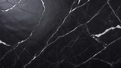 The primary subject of the image is a marble countertop with a black and white pattern. The setting is a kitchen, and the visual style is a close-up of the countertop. The colors and mood of the image are predominantly black and white, giving it a classic and elegant appearance.