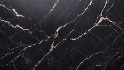The primary subject of the image is a black marble countertop with a patterned design. The setting is a kitchen, and the visual style is a close-up of the marble countertop. The colors and mood of the image are dark and sophisticated, with the black marble providing a striking contrast against the surrounding environment.