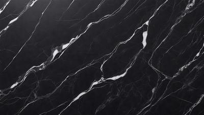 The primary subject of the image is a marble countertop with a black and white pattern. The setting is a kitchen, and the visual style is a close-up of the marble countertop. The colors and mood of the image are predominantly black and white, giving it a classic and elegant appearance.