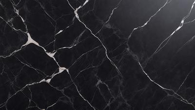 The primary subject of the image is a black marble countertop with a white pattern. The setting is a kitchen, and the visual style is a close-up of the marble countertop. The dominant colors are black and white, creating a sleek and modern atmosphere.