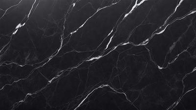 The primary subject of the image is a marble countertop with a black and white pattern. The setting is a kitchen, and the visual style is a close-up of the marble countertop. The colors and mood of the image are predominantly black and white, giving it a classic and elegant appearance.