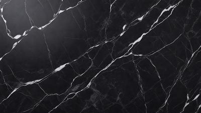 The primary subject of the image is a black marble countertop with white veins. The setting is a kitchen, and the visual style is a close-up of the marble countertop. The dominant colors are black and white, creating a sleek and elegant atmosphere.