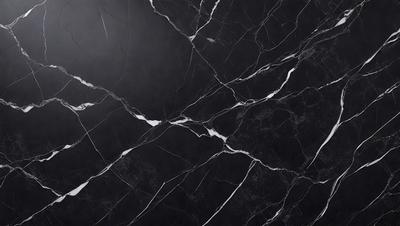 The primary subject of the image is a black marble countertop with a white pattern. The setting is a kitchen, and the visual style is a close-up of the marble countertop. The dominant colors are black and white, creating a sleek and modern atmosphere.