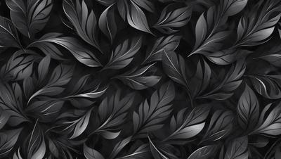The primary subject of the image is a pattern of black and white leaves. The setting is a black background, which creates a striking contrast with the leaves. The visual style is a combination of digital art and illustration, giving the image a modern and artistic appearance. The dominant colors are black and white, with the black background providing a dramatic and moody atmosphere.