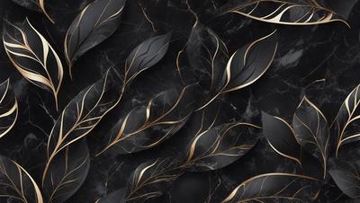 The primary subject of the image is a pattern of gold and black leaves, which are arranged in a visually appealing manner. The setting is a black marble surface, which serves as the background for the gold and black leaves. The visual style of the image is a combination of digital art and illustration, creating a unique and eye-catching design. The dominant colors in the image are gold and black, giving the pattern a sophisticated and elegant appearance.