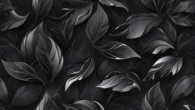 The primary subject of the image is a pattern of black and white leaves. The setting is a black background, which creates a striking contrast with the leaves. The visual style is a combination of a photo and digital art, as the leaves are depicted in a detailed and intricate manner. The dominant colors are black and white, giving the image a classic and elegant appearance.