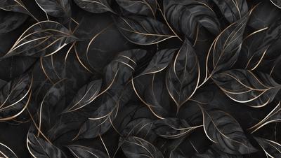 The primary subject of the image is a pattern of leaves, which are the main objects in the scene. The leaves are arranged in a black and gold color scheme, creating a visually striking and elegant pattern. The setting is a black background, which contrasts with the gold and black leaves, emphasizing their beauty. The visual style of the image is a combination of digital art and illustration, showcasing the intricate details of the leaves. The overall atmosphere of the image is sophisticated and elegant, with the gold and black
