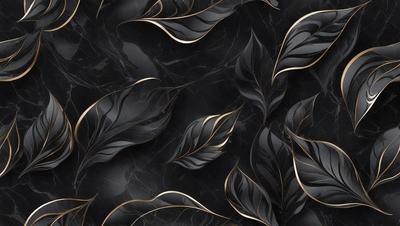 The primary subject of the image is a pattern of leaves, which are arranged in a visually appealing manner. The setting is a black background, which contrasts with the gold and black leaves. The visual style is a combination of digital art and illustration, creating a unique and eye-catching design. The dominant colors are gold, black, and white, giving the pattern a sophisticated and elegant appearance.