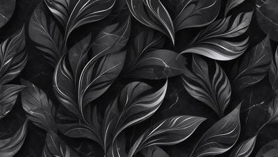 The primary subject of the image is a pattern of black and white leaves. The setting is a black and white background, which adds a sense of depth and contrast to the scene. The visual style is a combination of a photo and digital art, creating a unique and artistic representation of the leaves. The dominant colors are black and white, giving the image a classic and timeless appearance.