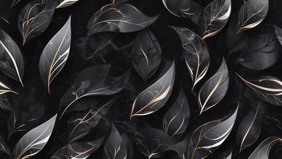 The primary subject of the image is a pattern of leaves, which are arranged in a visually appealing manner. The setting is a black background, which contrasts with the gold and black leaves. The visual style is a combination of digital art and illustration, creating a unique and eye-catching design. The dominant colors are gold, black, and white, giving the pattern a sophisticated and elegant appearance.